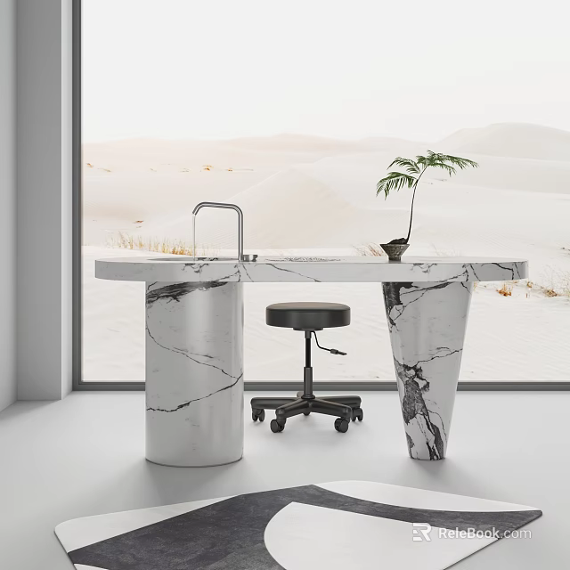 Marble Bar Counter Featuring Faucet Black Stool Potted Plant By Window Desert Landscape View 3d model 