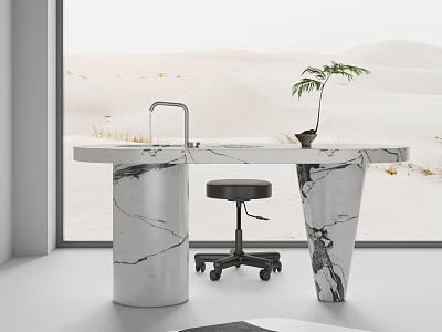 Marble Bar Counter Featuring Faucet Black Stool Potted Plant By Window Desert Landscape View 3d model