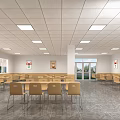 Cafeteria Interior With Tables Chairs Ceiling Lights Decorative Paintings And Windows 3d model