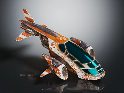 Futuristic Sci Fi Aircraft With Orange White Paint Intricate Patterns And Transparent Green Canopy 3d model