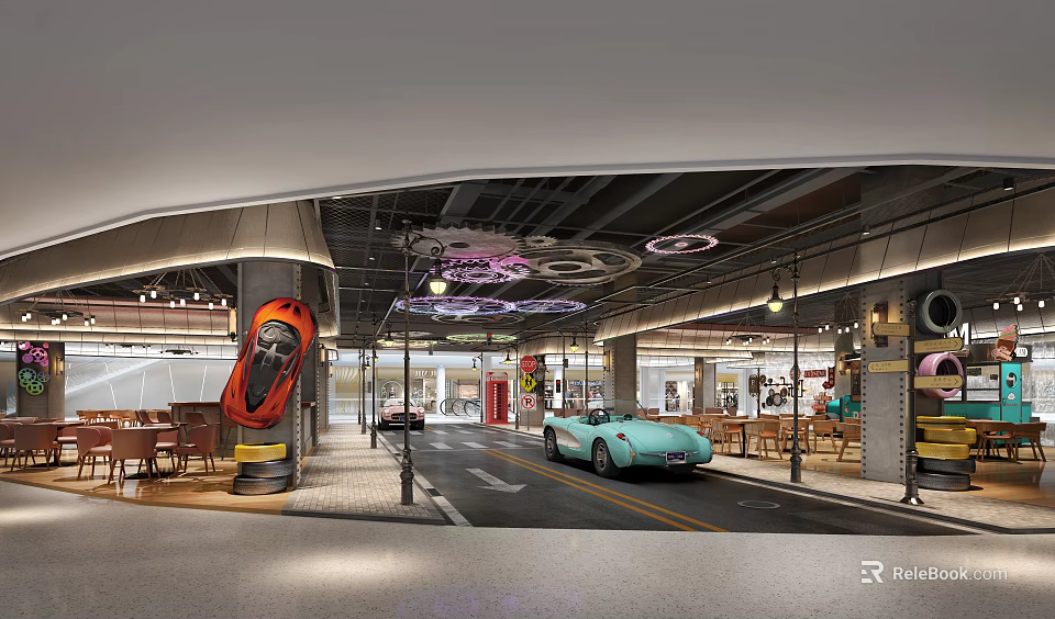 Stylish Restaurant Interior With Red And Light Blue Car Decor Dining Tables And Chairs 3d model 