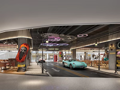 Stylish Restaurant Interior With Red And Light Blue Car Decor Dining Tables And Chairs 3d model