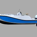 Small White Blue Yacht With Console Seats And Outboard Motor