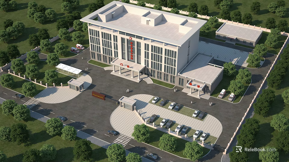 Modern Office Building Exterior With Glass Walls Green Trees Parking Lot And Entrance Plaza Design 3d model 