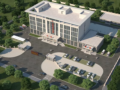 Modern Office Building Exterior With Glass Walls Green Trees Parking Lot And Entrance Plaza Design 3d model