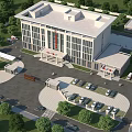 Modern Office Building Exterior With Glass Walls Green Trees Parking Lot And Entrance Plaza Design