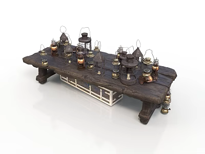 Wooden Long Table With Multiple Various Style Lanterns Arranged On Top 3d model