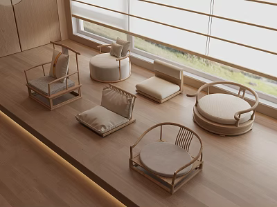 Modern Minimalist Stools With Wooden Frames And Upholstered Seats In Bright Interior Space 3d model