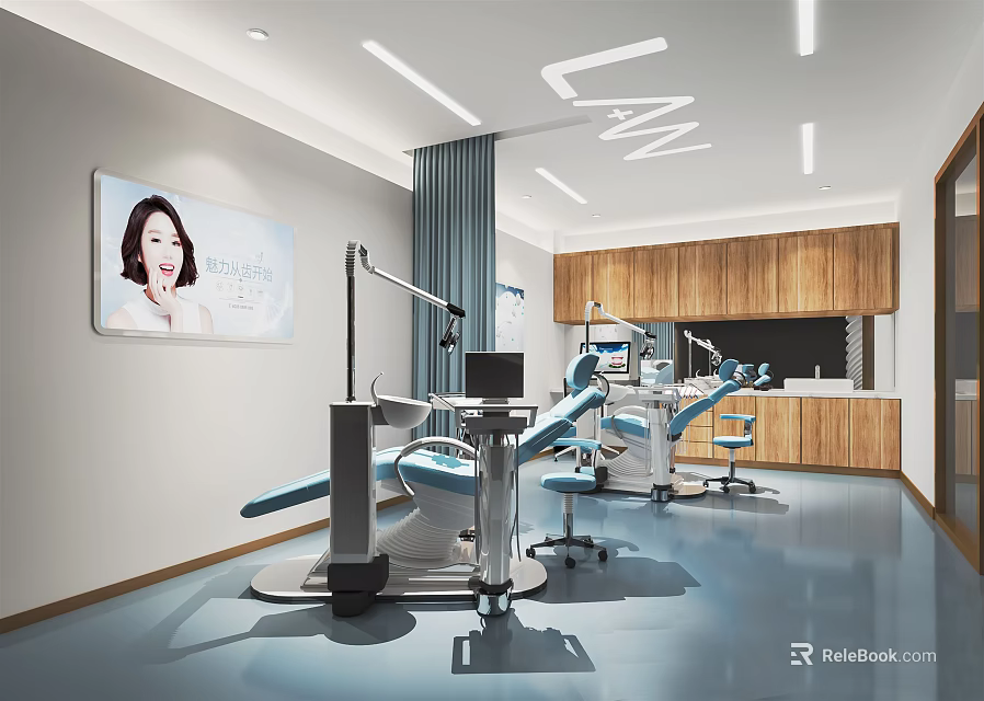 Modern Dental Clinic Interior With Dental Chairs Equipment And Wooden Cabinets 3d model 