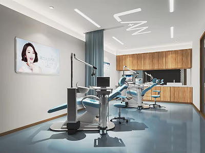 Modern Dental Clinic Interior With Dental Chairs Equipment And Wooden Cabinets 3d model