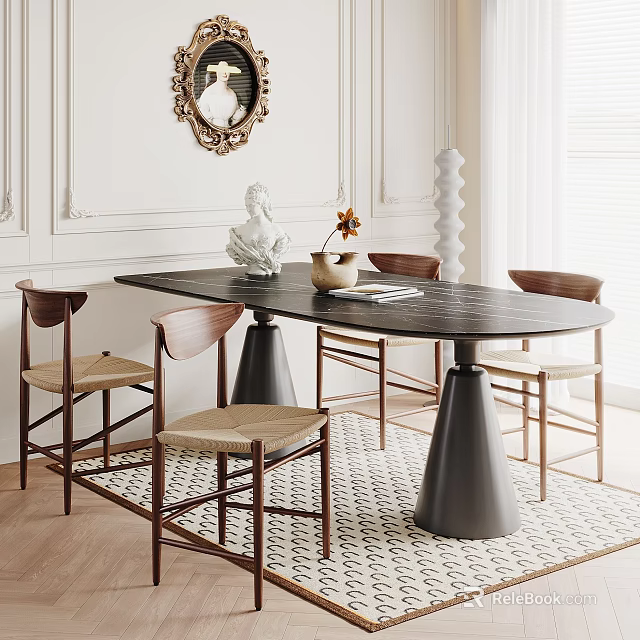 Modern Restaurant Interior With Long Table Woven Chairs White Walls And Decorative Mirror 3d model 