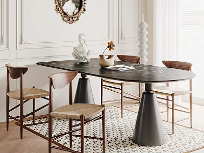 Modern Restaurant Interior With Long Table Woven Chairs White Walls And Decorative Mirror 3d model