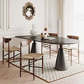 Modern Restaurant Interior With Long Table Woven Chairs White Walls And Decorative Mirror