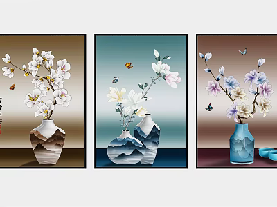 Three Decorative Paintings With Vases Flowers And Butterflies On Colorful Backgrounds 3d model