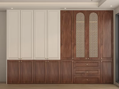Modern Wardrobe Design With White And Wood Panels Grid Doors And Drawers 3d model