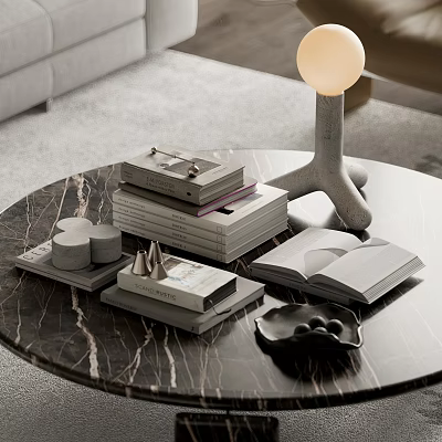 Decorative Ornament Combination With Marble Table Open Books Lamp Tray And Decorative Cones 3d model