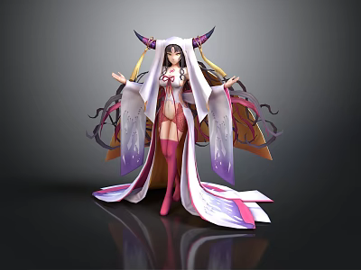 Anime Style Female Character With Horns Long Flowing Robe And Red Boots 3d model