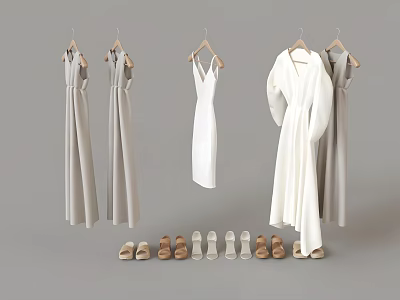 Women's Hanging Clothes White Dress Gray Dresses And Long Coat With Matching Shoes On 3d model