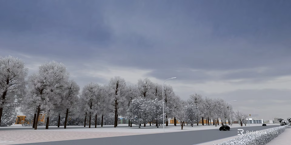 Winter Street Landscape with Snow Covered Trees Overcast Sky Street Lamps and Snowy Ground 3d model 