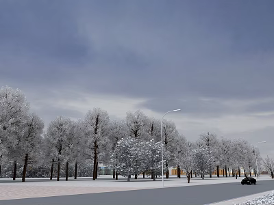 Winter Street Landscape with Snow Covered Trees Overcast Sky Street Lamps and Snowy Ground 3d model
