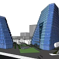 Two Modern Tall Office Buildings With Glass Curtain Walls And Green Surroundings