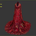 Red Long Evening Gown With Intricate Floral Patterns And Flowing Train 3d model