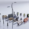 Urban Street Furniture And Facilities With Benches Lamps Trash Bins And Traffic Lights