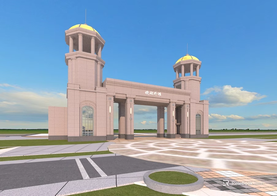 Grand Light Stone Entrance Gate Design With Twin Golden Dome Towers And Spacious Square 3d model 