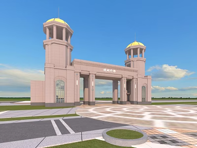 Grand Light Stone Entrance Gate Design With Twin Golden Dome Towers And Spacious Square 3d model