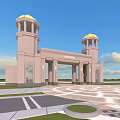 Grand Light Stone Entrance Gate Design With Twin Golden Dome Towers And Spacious Square