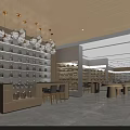 Modern Retail Interior Space With Wooden Ceiling Hanging Globe Lights Shelves Display Counters And Chairs