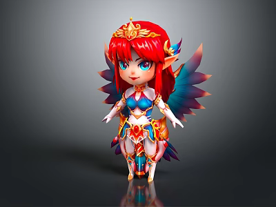 Fantasy Chibi Style 3D Character With Red Hair Golden Crown Blue Eyes And Colorful Wings 3d model