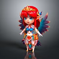 Fantasy Chibi Style 3D Character With Red Hair Golden Crown Blue Eyes And Colorful Wings