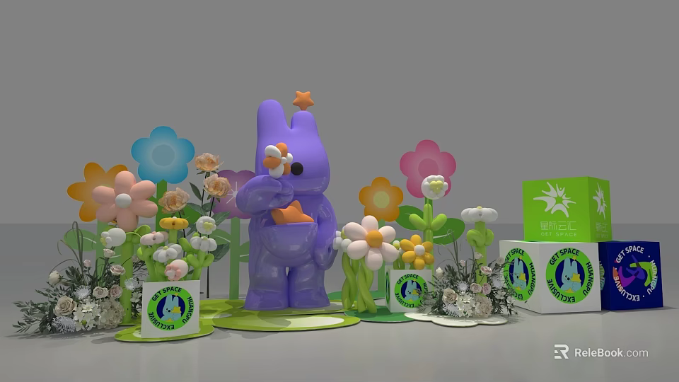 Vibrant Purple Rabbit Art Installation With Colorful Flowers And Green Base 3d model 