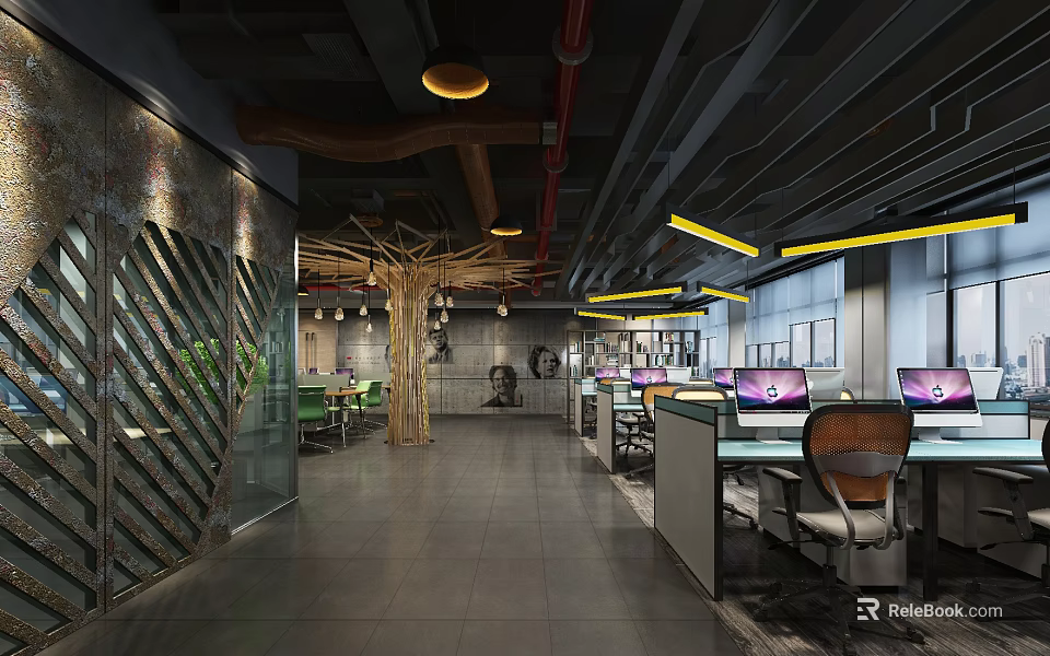 Modern Public Office Area With Open Layout Work Desks Computers And Industrial Lighting 3d model