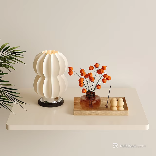 Elegant Petal Shaped White Table Lamp with Orange Flowers and Wooden Tray 3d model 