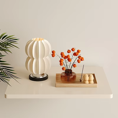 Elegant Petal Shaped White Table Lamp with Orange Flowers and Wooden Tray 3d model