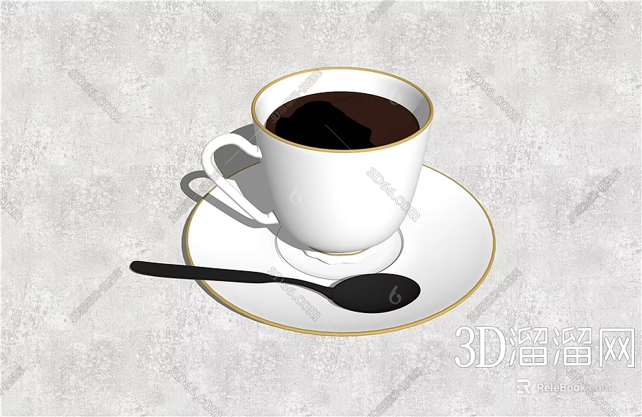 White Coffee Cup With Gold Rim On Saucer And Spoon Holding Hot Coffee 3d model 