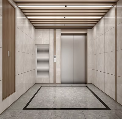 Elevator Hallway With Silver Door Marble Walls Gray Floor And Wooden Ceiling Design 3d model