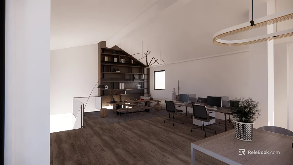 Modern Public Office Space Interior With Desks Computers Bookshelf Pendant Lights And Wooden Flooring 3d model 