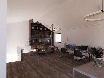 Modern Public Office Space Interior With Desks Computers Bookshelf Pendant Lights And Wooden Flooring 3d model