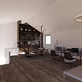 Modern Public Office Space Interior With Desks Computers Bookshelf Pendant Lights And Wooden Flooring