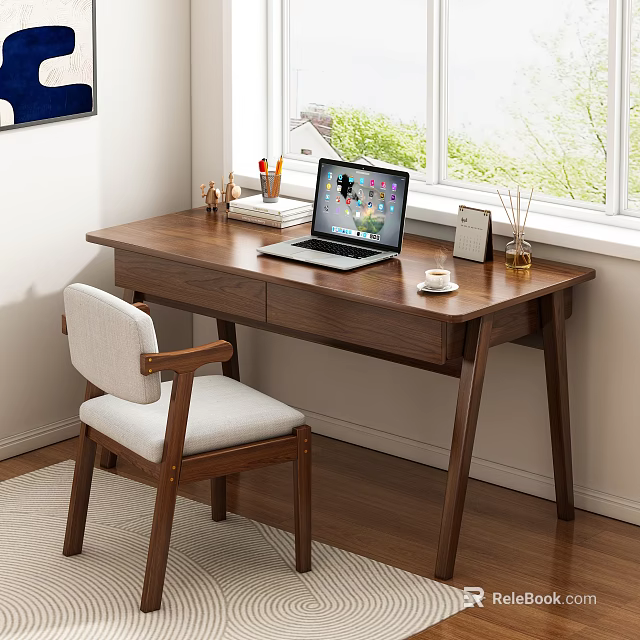 Modern Wooden Desk Interior with Laptop Chair White Cushion Natural Light and Green Plants 3d model 