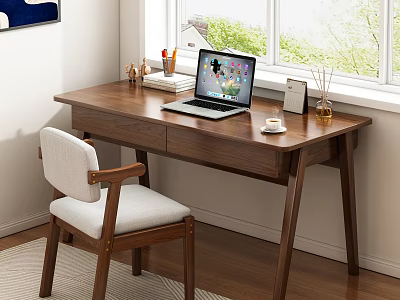 Modern Wooden Desk Interior with Laptop Chair White Cushion Natural Light and Green Plants 3d model