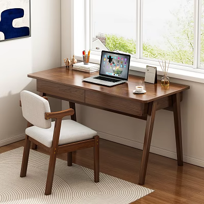 Modern Wooden Desk Interior with Laptop Chair White Cushion Natural Light and Green Plants 3d model