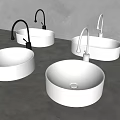 White Round Countertop Washbasins With Black And White Faucets In Modern Grey Space