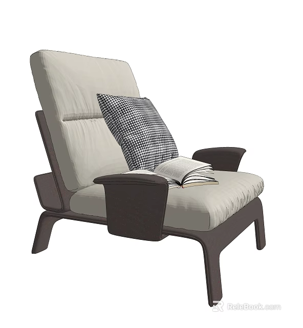 Beige Single Sofa With Dark Brown Armrests Plaid Pillow And Open Book 3d model