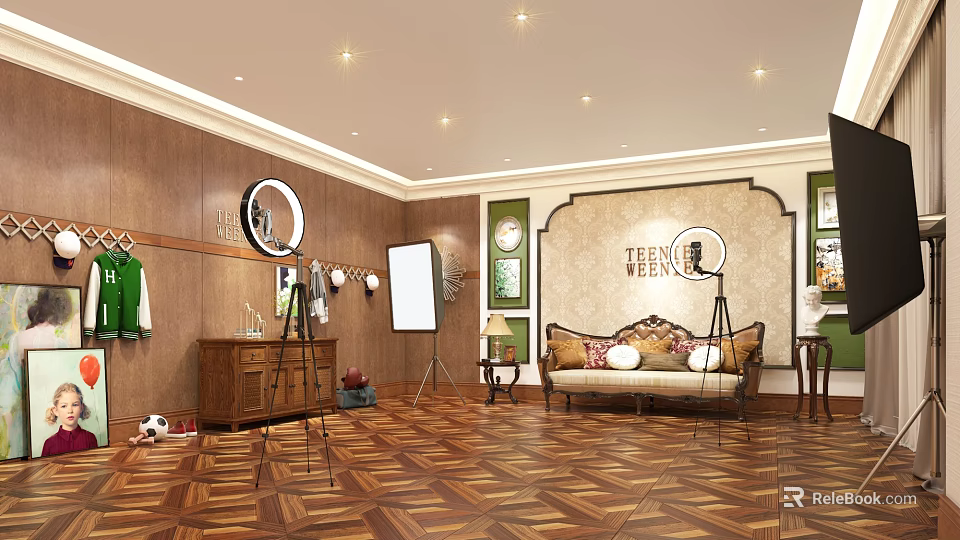 Public Office Space With Wooden Walls Round Mirror Sofa Pillows And Parquet Flooring 3d model 