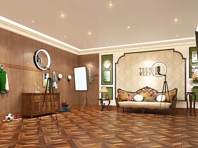 Public Office Space With Wooden Walls Round Mirror Sofa Pillows And Parquet Flooring 3d model