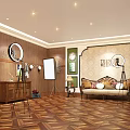 Public Office Space With Wooden Walls Round Mirror Sofa Pillows And Parquet Flooring